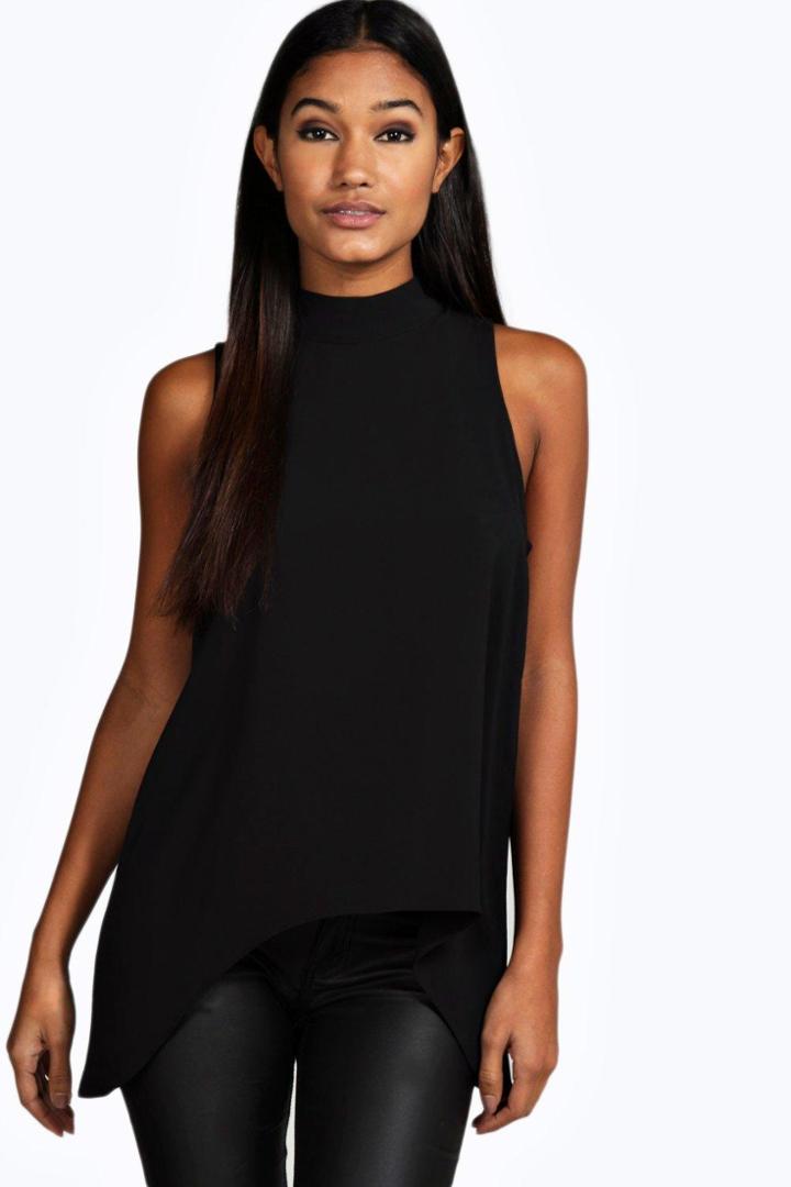 Boohoo Laura Woven High Neck Swing Top Black