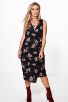 Boohoo Plus Eliza V Neck Floral Print Asymmetric Dress Black