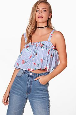 Boohoo Yasmin Striped Floral Ruffle Top
