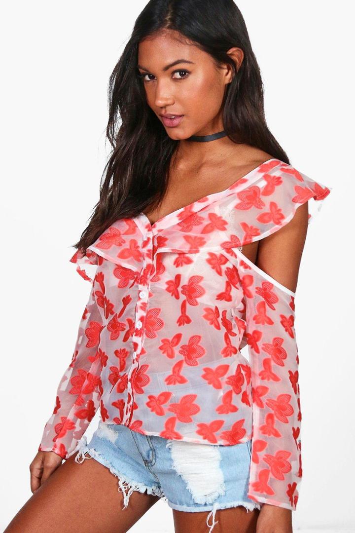 Boohoo Holly Organza Print Ruffle Shirt Coral