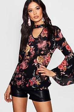 Boohoo Hannah Printed Choker Flare Cuff Blouse