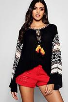 Boohoo Fiona Multi Tassel Tie Neck Flare Sleeve Top