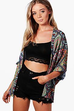 Boohoo Audrey Paisley Tile Print Chiffon Kimono