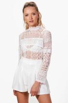 Boohoo Bella High Neck Panel Lace Top Ivory