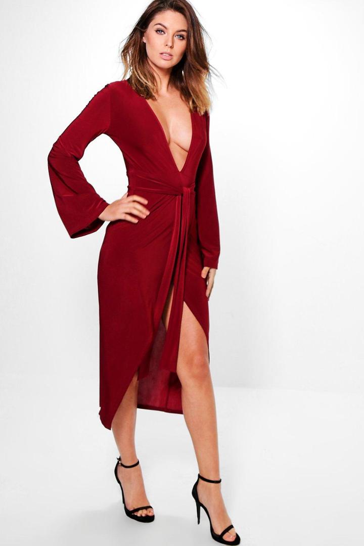 Boohoo Taffy Slinky Kimono Sleeve Tie Midaxi Dress Wine