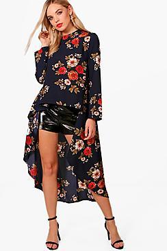 Boohoo Steph Dipped Hem Floral Top