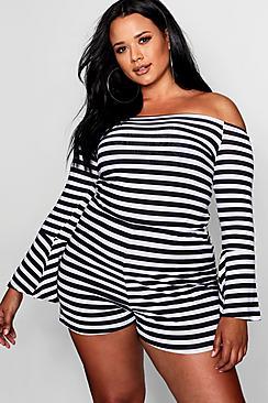 Boohoo Plus Abi Stripe Off Shoulder Flare Sleeve Playsuit