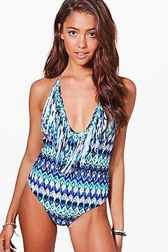 Boohoo Venice Aztec Fringed Plunge Swimsuit
