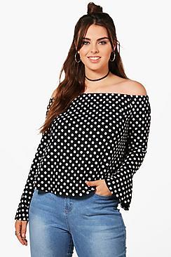 Boohoo Plus Jennie Spotty Bardot Top
