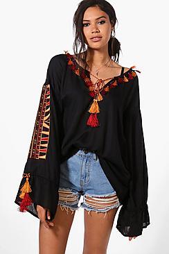 Boohoo Boutique Emma Embroidered Tassel Smock Top