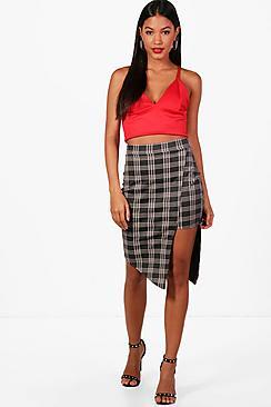 Boohoo Lily Asymetric Step Hem Checked Midi Skirt