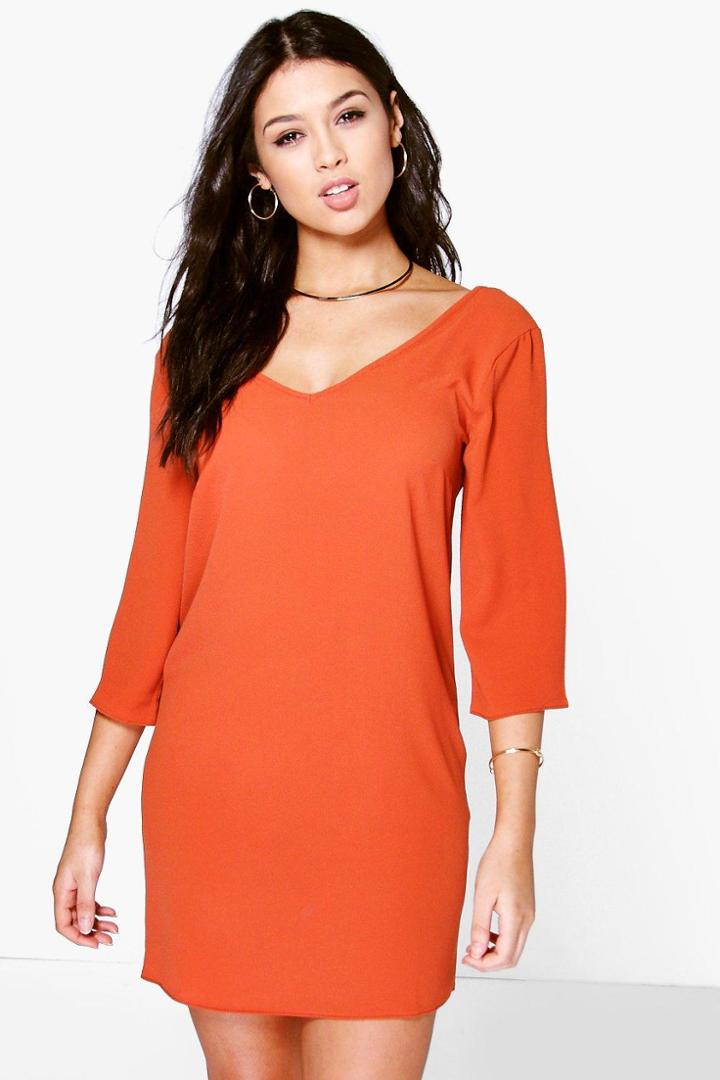 Boohoo Sandy V Front & Back Shift Dress Chestnut