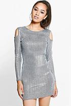 Boohoo Petite Emily Cold Shoulder Metallic Rib Dress