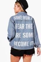 Boohoo Plus Rachel Slogan Back Oversize Jean Jacket Blue