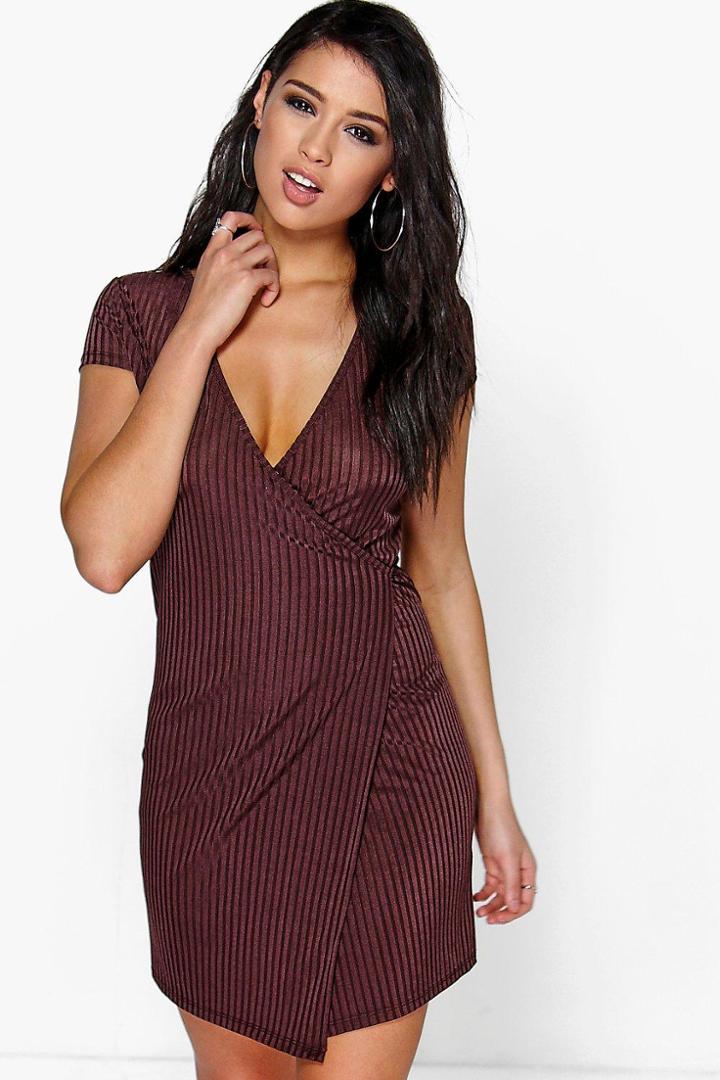 Boohoo Lily Ribbed Wrap Mini Bodycon Dress Chocolate