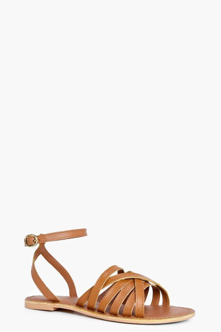 Boohoo Megan Cross Wrap Strap Leather Sandal Tan