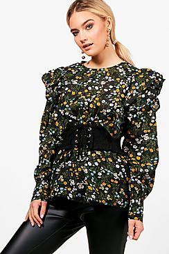 Boohoo Sophie Floral Corset Waist Ruffle Top