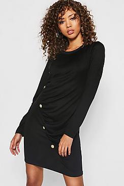 Boohoo Gold Button Ruched Detail Knitted Dress