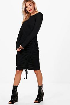 Boohoo Megan Long Sleeve Rouched Front Midi Dress