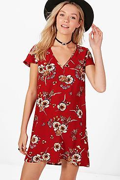 Boohoo Cara V Neck Floral Shift Dress