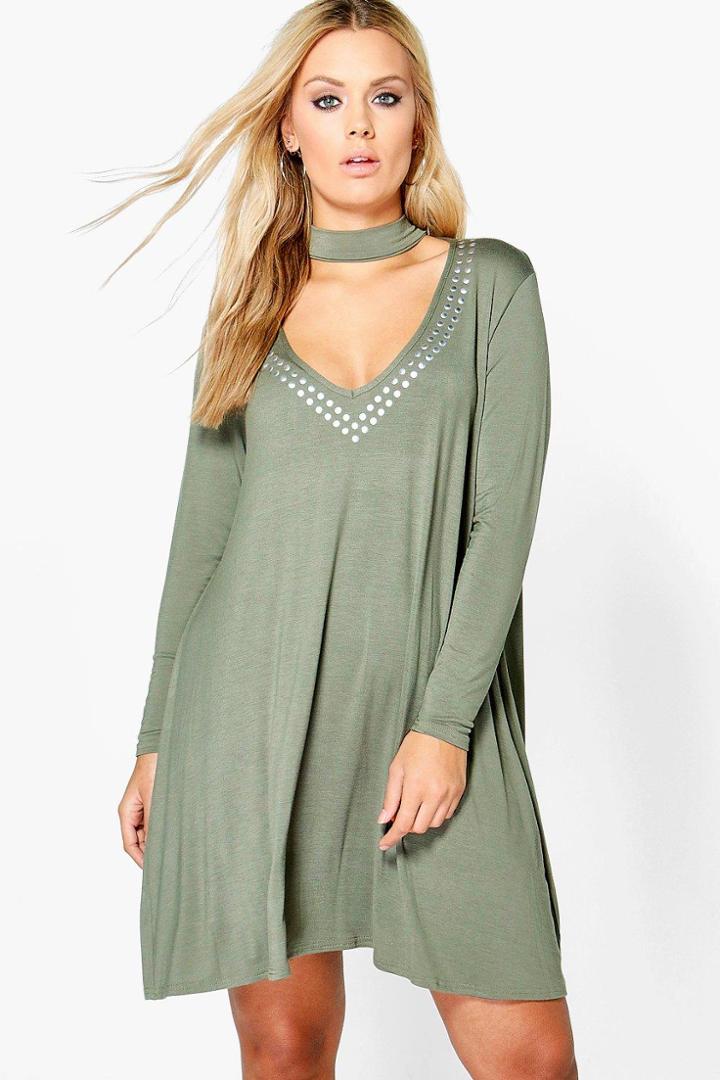 Boohoo Plus Yazzmin Studded Choker Swing Dress Khaki