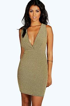 Boohoo Sarah Metallic Rib Plunge Bodycon Dress
