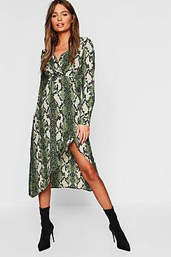 Boohoo Petite Snake Wrap Knot Front Midaxi Shirt Dress