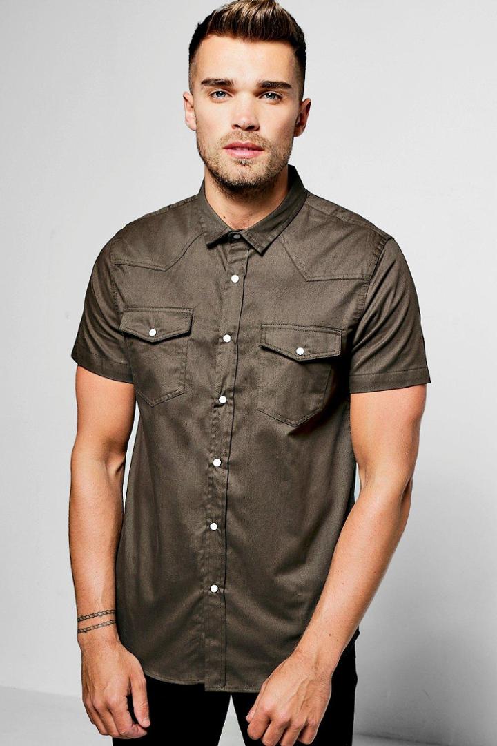 Boohoo Khaki Short Sleeve Western Style Shirt Khaki
