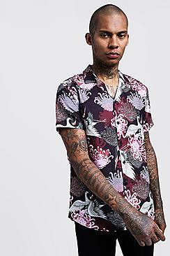 Boohoo Oriental Print Short Sleeve Revere Shirt