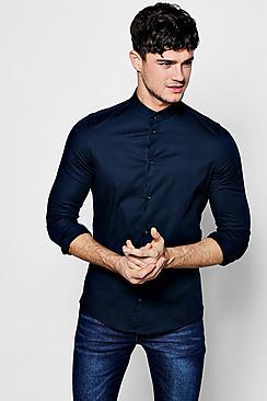 Boohoo Slim Fit Stretch Mandarin Collar Shirt