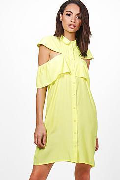Boohoo Keira Ruffle Cold Shoulder Shirt Dress