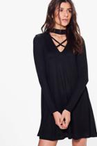 Boohoo Abigail Lace Up Rib Knit Swing Dress Black