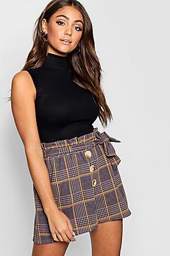 Boohoo Check Paperbag Tie Horn Button Shorts