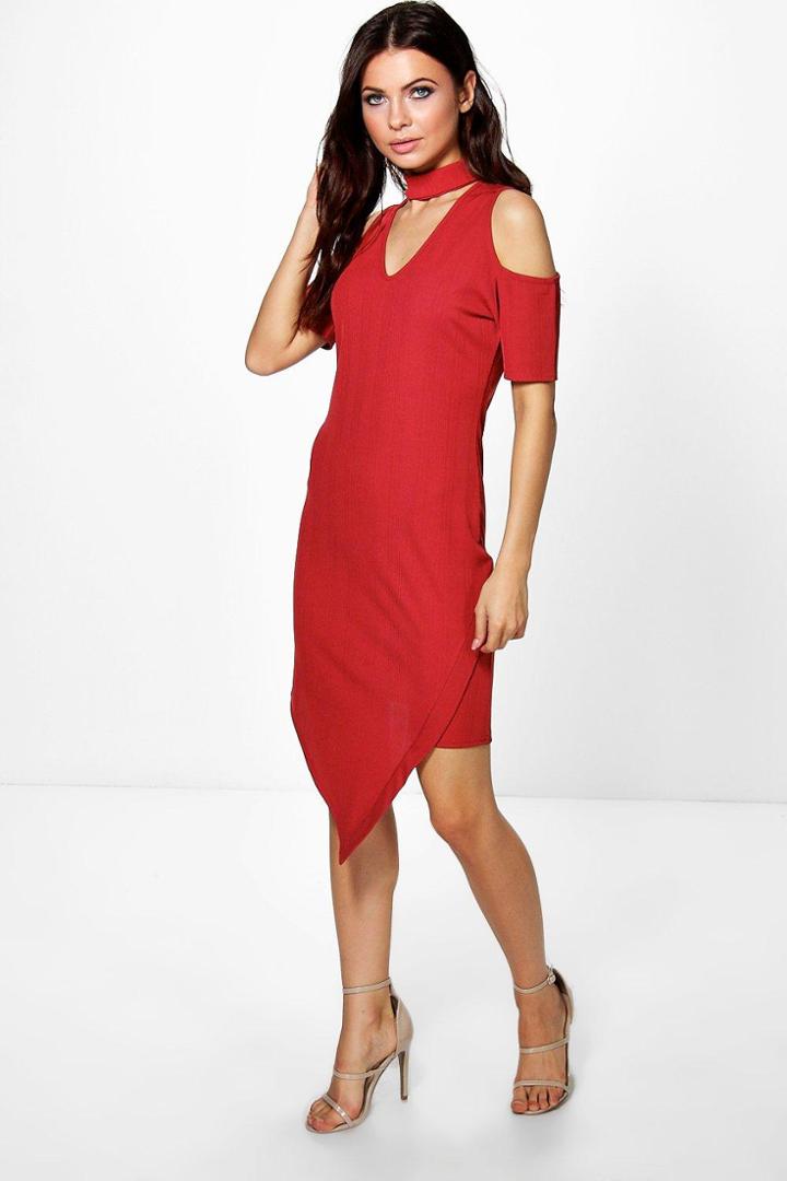 Boohoo Jessa Choker Asymmetric Rib Bodycon Dress Cinnamon