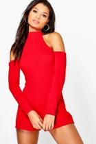 Boohoo Zoe High Neck Cold Shoulder Playsuit Red