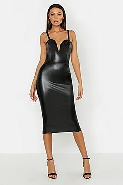 Boohoo Tall Plunge Pu Bodycon Midi Dress