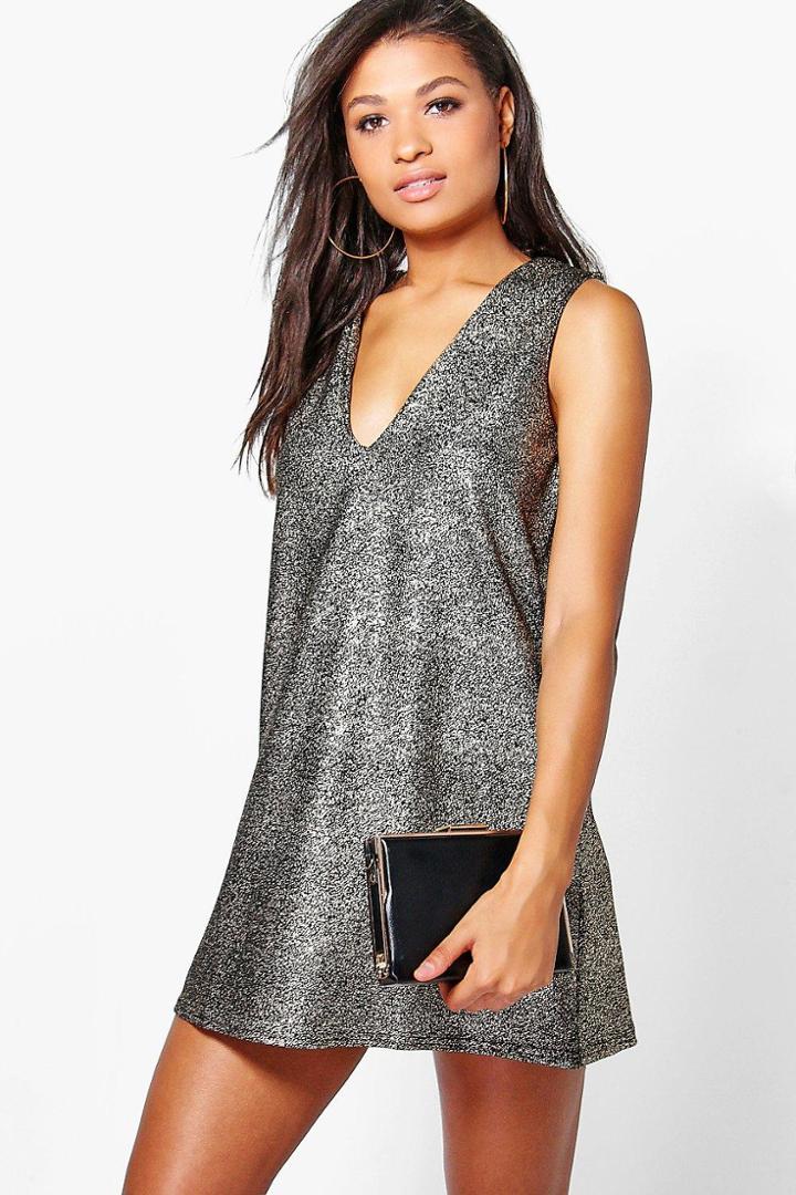 Boohoo Eva Metallic Plunge Neck Shift Dress Gold