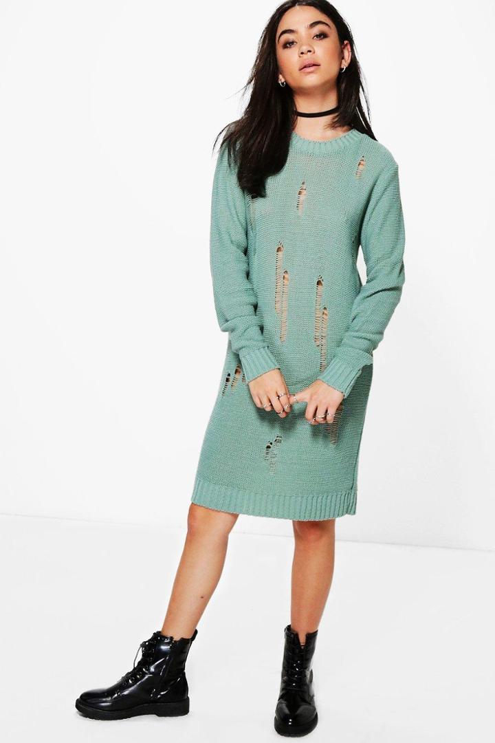 Boohoo Milly Distressed Jumper Dress Sage