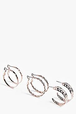 Boohoo Rose Gold Ornate Hoop Earring 3 Pack