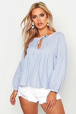 Boohoo Plus Stripe Linen Smock Top