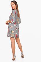 Boohoo Mori Mini Check Floral 3/4 Sleeve Shift Dress