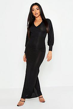 Boohoo Rib Wrap Balloon Sleeve Maxi Dress