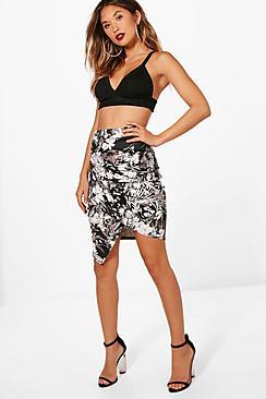 Boohoo Amy Floral Rouched Wrap Front Mini Skirt