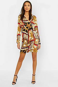 Boohoo Tall Satin Scarf Print Shirt Dress
