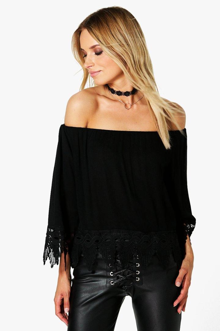 Boohoo Rebecca Woven Crochet Hem Off The Shoulder Top Black