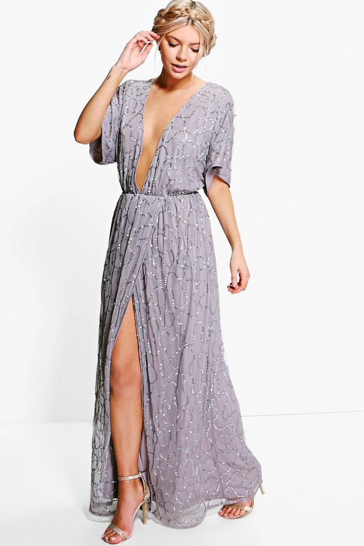 Boohoo Boutique Tiai All Sequin Tie Back Maxi Dress Grey