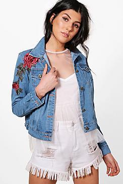 Boohoo Fiona Floral Applique Slim Fit Denim Jacket