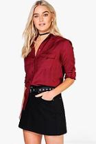 Boohoo Gracie Roll Sleeve Plain Two Pocket Shirt