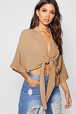 Boohoo Tie Front Cotton Feel Shirt