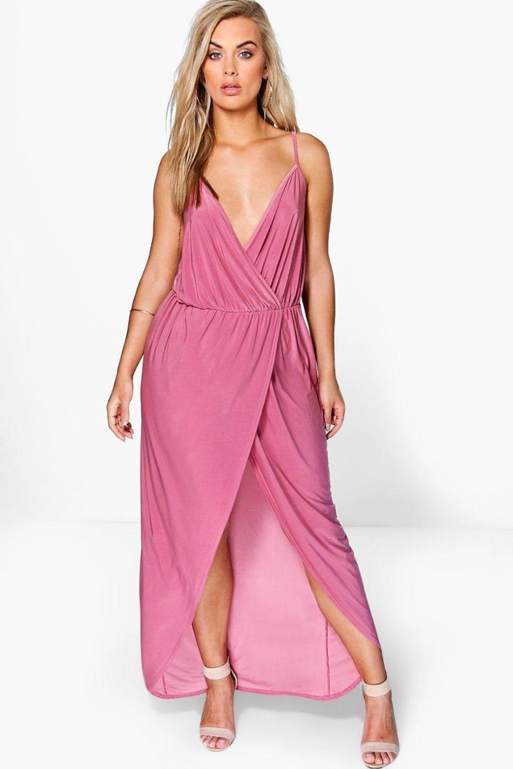 Boohoo Plus Malia Strappy Slinky Wrap Maxi Dress Rose